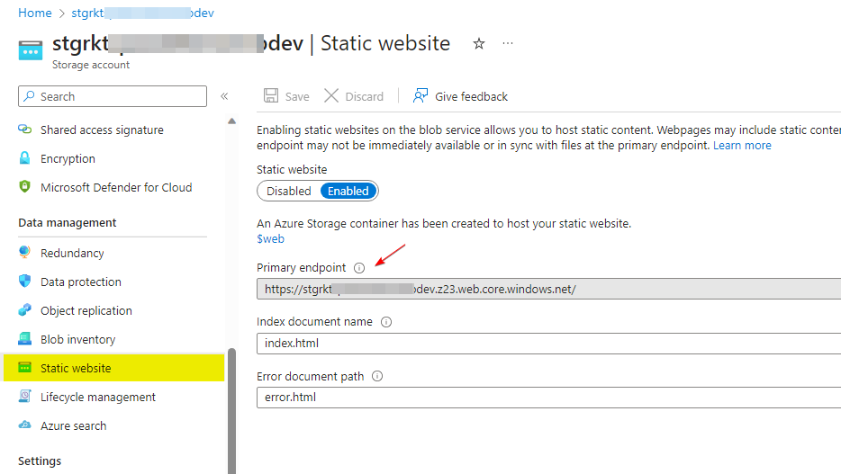 Azure Storage Account Static Web Endpoint